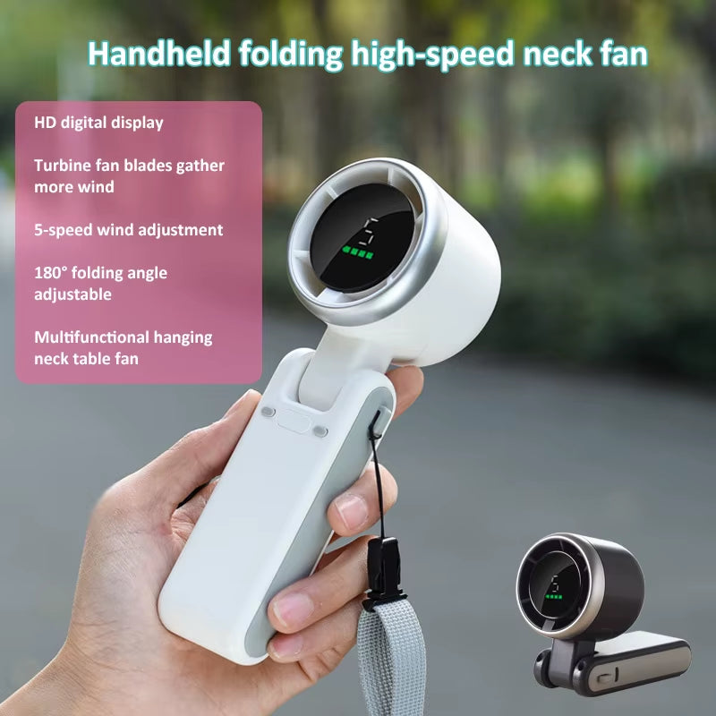 2024 Portable High-Speed Turbo Handheld and Neck-Hanging Fan with LED Adjustment for Outdoor and Desktop Use