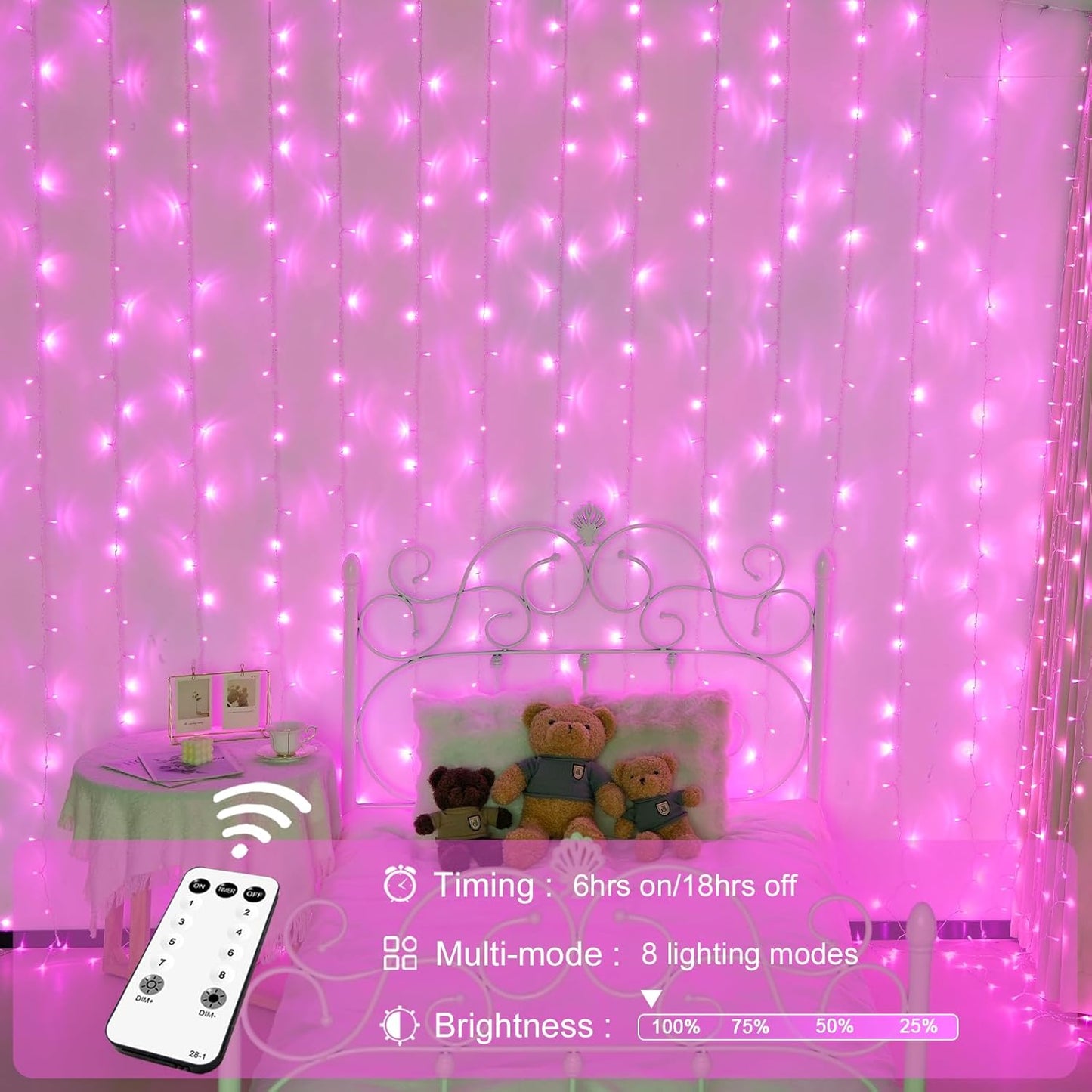 300 LED Pink Curtain Lights Indoor, Christmas Lights Plug In, 8 Modes Pink String Lights for Bedroom Window Wall Party Backdrop Xmas Valentine Decorations, 9.8X9.8Ft