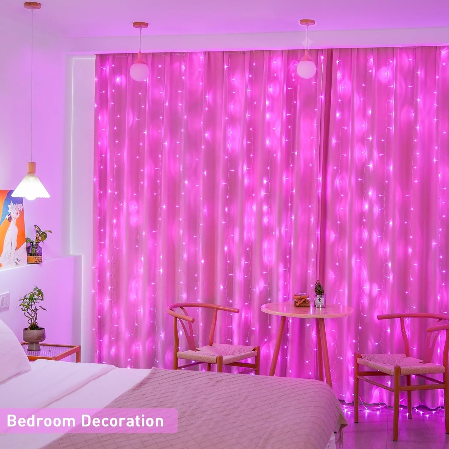 300 LED Pink Curtain Lights Indoor, Christmas Lights Plug In, 8 Modes Pink String Lights for Bedroom Window Wall Party Backdrop Xmas Valentine Decorations, 9.8X9.8Ft