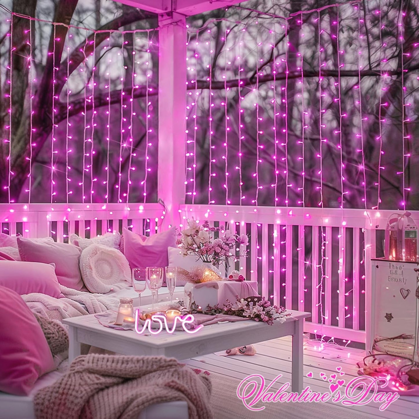 300 LED Pink Curtain Lights Indoor, Christmas Lights Plug In, 8 Modes Pink String Lights for Bedroom Window Wall Party Backdrop Xmas Valentine Decorations, 9.8X9.8Ft