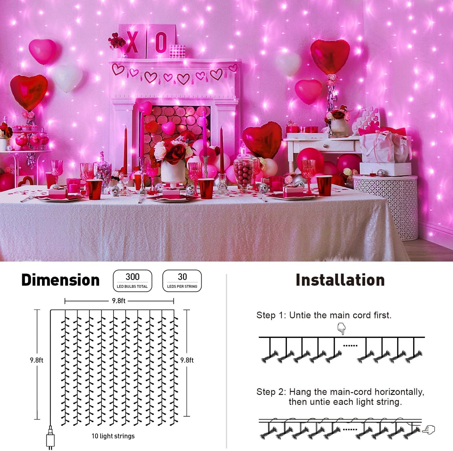 300 LED Pink Curtain Lights Indoor, Christmas Lights Plug In, 8 Modes Pink String Lights for Bedroom Window Wall Party Backdrop Xmas Valentine Decorations, 9.8X9.8Ft