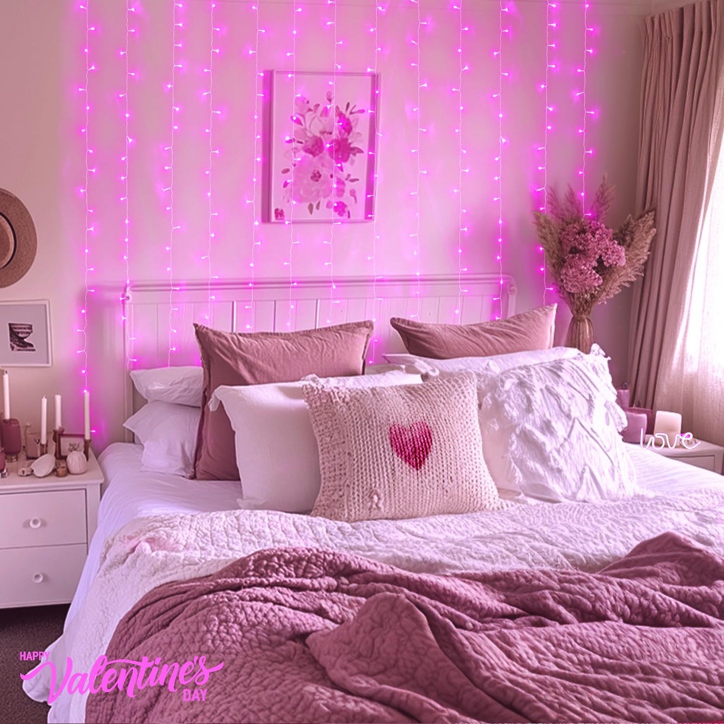 300 LED Pink Curtain Lights Indoor, Christmas Lights Plug In, 8 Modes Pink String Lights for Bedroom Window Wall Party Backdrop Xmas Valentine Decorations, 9.8X9.8Ft