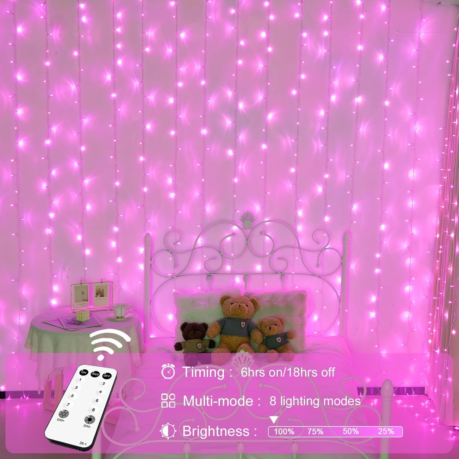 300 LED Pink Curtain Lights Indoor, Christmas Lights Plug In, 8 Modes Pink String Lights for Bedroom Window Wall Party Backdrop Xmas Valentine Decorations, 9.8X9.8Ft
