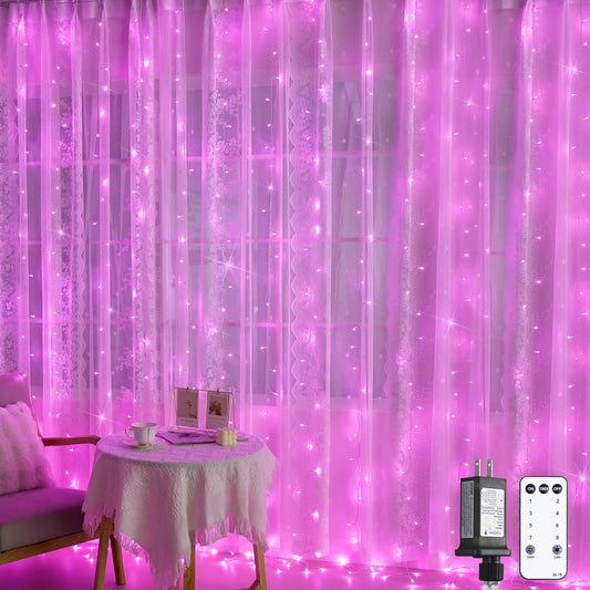 300 LED Pink Curtain Lights Indoor, Christmas Lights Plug In, 8 Modes Pink String Lights for Bedroom Window Wall Party Backdrop Xmas Valentine Decorations, 9.8X9.8Ft