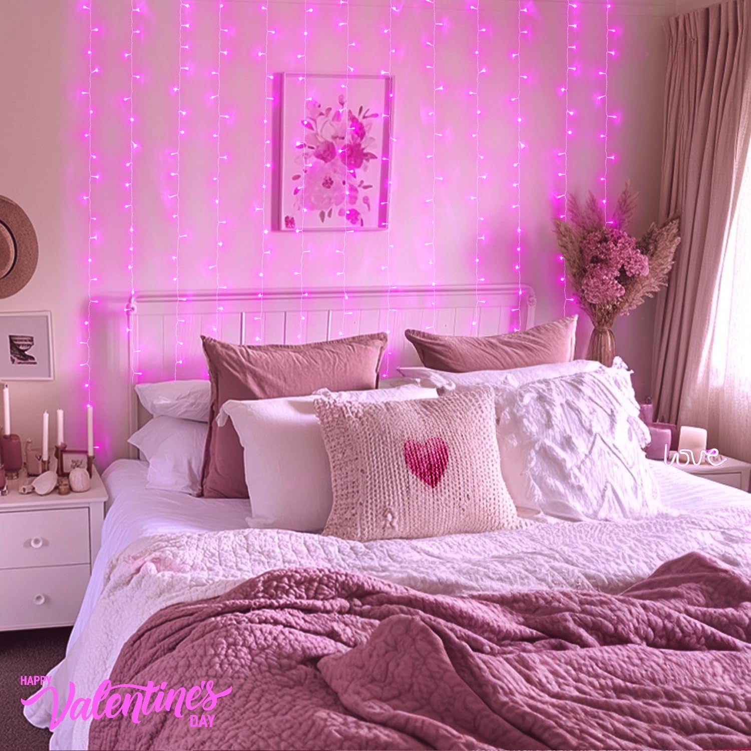 300 LED Pink Curtain Lights Indoor, Christmas Lights Plug In, 8 Modes Pink String Lights for Bedroom Window Wall Party Backdrop Xmas Valentine Decorations, 9.8X9.8Ft